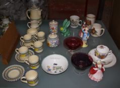 A Devon ware coffee service, three Royal Doulton figurines, Royal Commemorative ware etc. There is