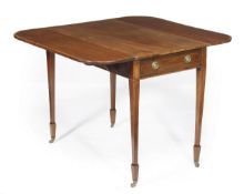 A George III mahogany and boxwood strung Pembroke table, circa 1790, hinged top, frieze drawer,
