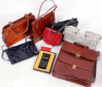 A collection of handbags, comprising: two brown leather shoulder bags made in France for Russell &