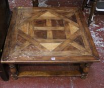 An occasional table, inlaid top, Jacobean style cabinet, black and gilt standard lamp and shade (