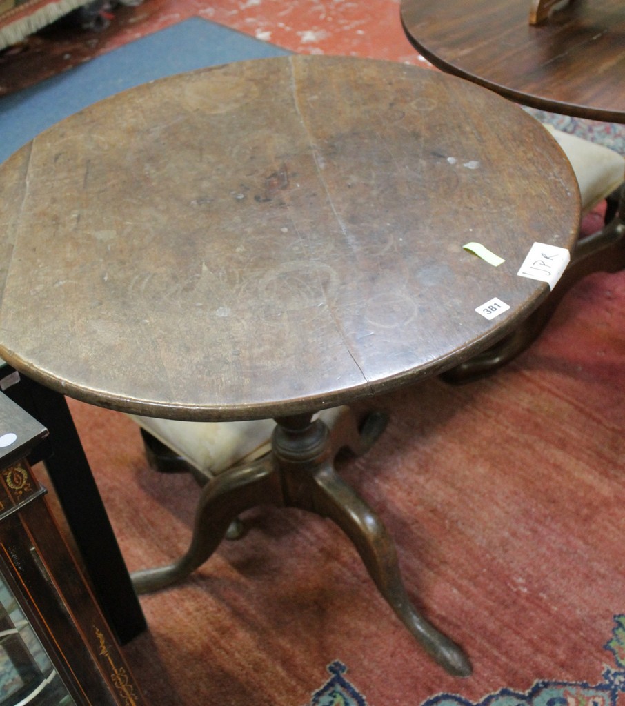 A George III mahogany tripod table with a circular top on baluster column on splayed legs 74cm