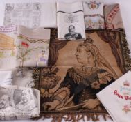 A collection of Royal commemorative textiles, including: a Diamond Jubilee woven picture of Queen