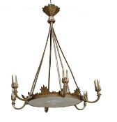 A Continental brass and cut glass six light electrolier, early 20th century, the electrical