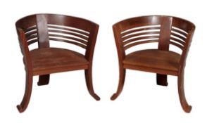 A pair of solid hardwood tub chairs, mid 20th century, with ladder backs and on out swept legs