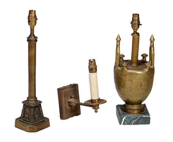 A Continental gilt brass urn fitted as a table lamp, circa 1925, with twin handles rising from the o