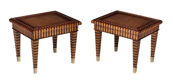 A pair of hardwood low side tables, late 20th century, with alternating dark and light wood type