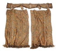 A pair of green and gold flowerhead decorated curtains and matching pelmet, late 19th/early 20th