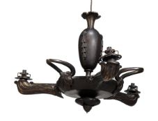 A William IV style bronze three-light chandelier, late 20th century, with baluster stem with
