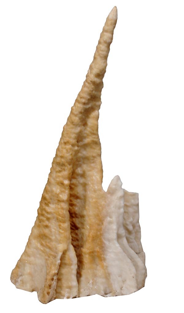 A calcite cave stalactite, with one long spike and some smaller formations, the longest 93cm tall
