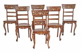 A set of six Indian bone inlaid hardwood side chairs, early 20th century, each with a tablet and