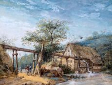 Attributed to Johann Gottlob Friedrich Tiebel. Landscape with watermill, watercolour, heightened