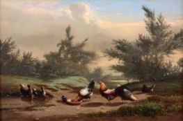 Johan Lodewijk van Leemputten (1840-1910) Poultry feeding in a landscape. Oil on panel Signed and