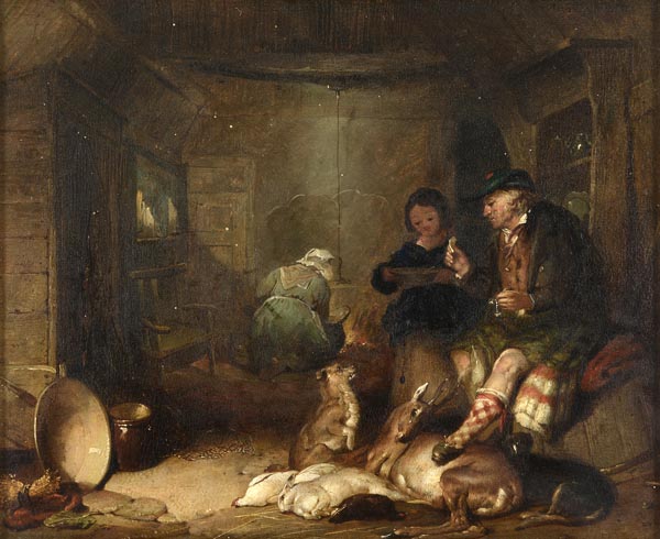 After Sir Edwin Landseer. A Highland interior. Oil on panel 25 x 30cm (934 x 1134in)