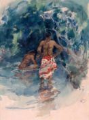 Charles Nicolas Sarka (1879-1960) Men`s pool, Tahiti, watercolour, over pencil, signed and