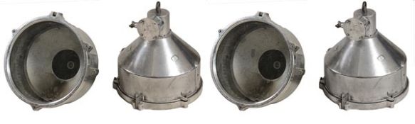A set of four polished aluminium and glazed hanging spot lamps, 20th century, probably for stage