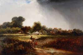 Edward Charles Williams (1807-1881) - Landscape with rustics on the outskirts of a village Oil on
