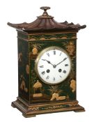 An Edwardian green japanned chinoiserie decorated mantel clock, unsigned An Edwardian green japanned