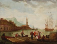 Follower of Charles FranÃ§ois Lacroix - Figures at a Mediterranean port, with a lighthouse beyond