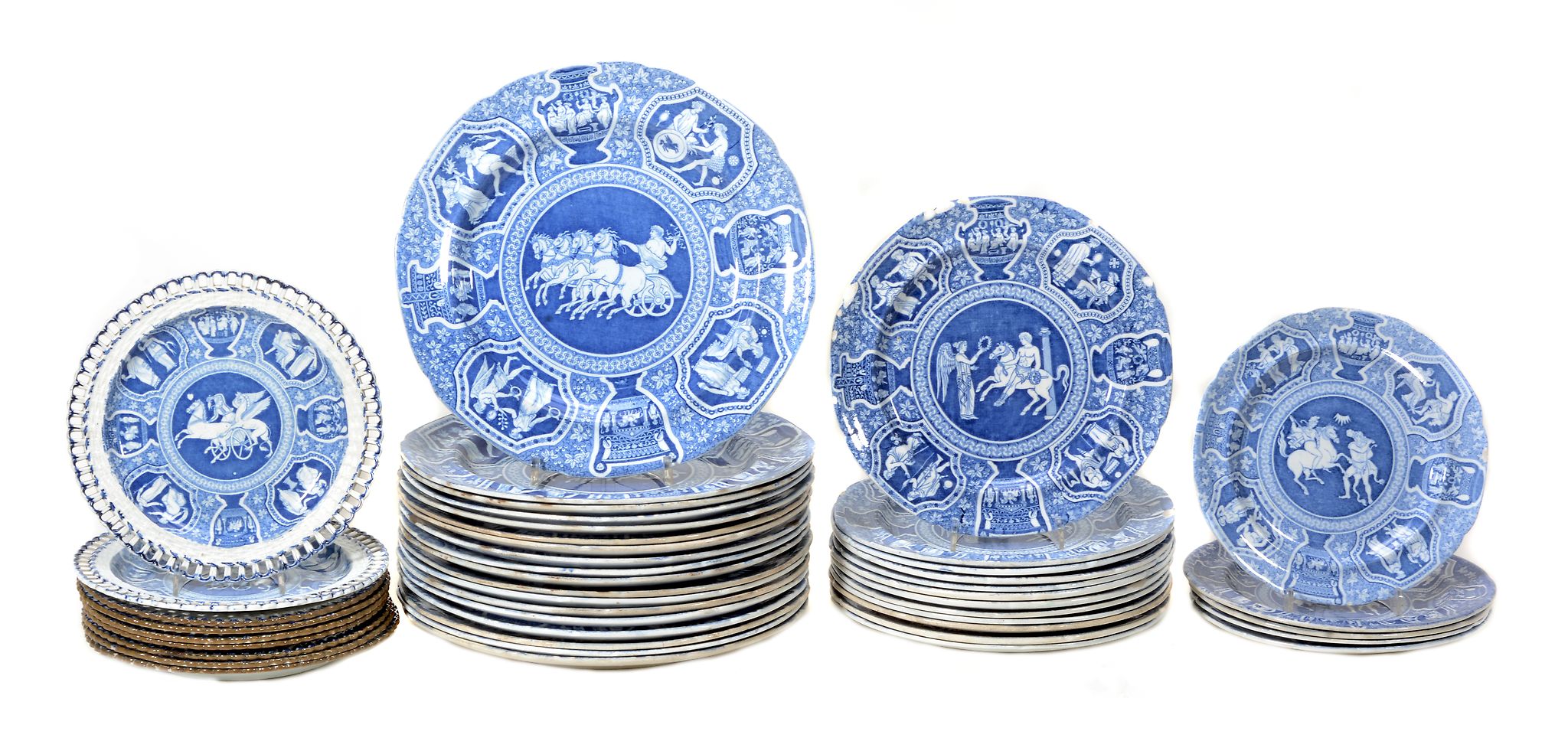 An assortment of English pearlware blue and white printed `Greek An assortment of English