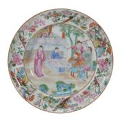 A Chinese famille rose Canton saucer dish decorated with court figures... A Chinese famille rose