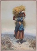 Domenico de Angelis (1852-1904) - Italian peasant girl carrying a bundle of hay Watercolour over