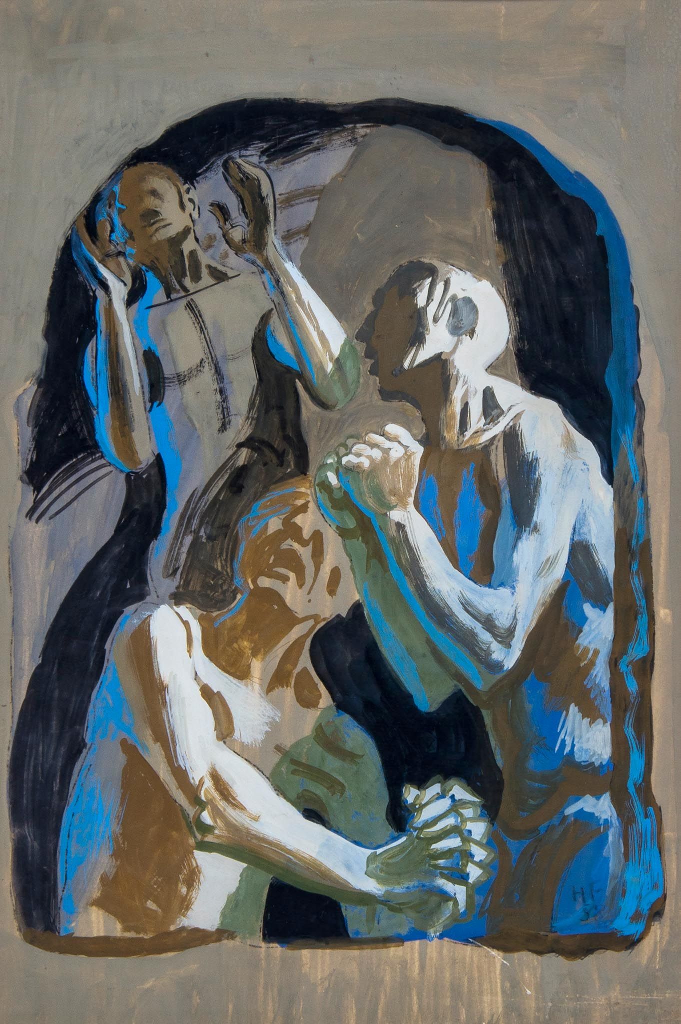Hans Feibusch (1898-1998) - Three figures mourning, Gouache on paper Initialled and dated X lower