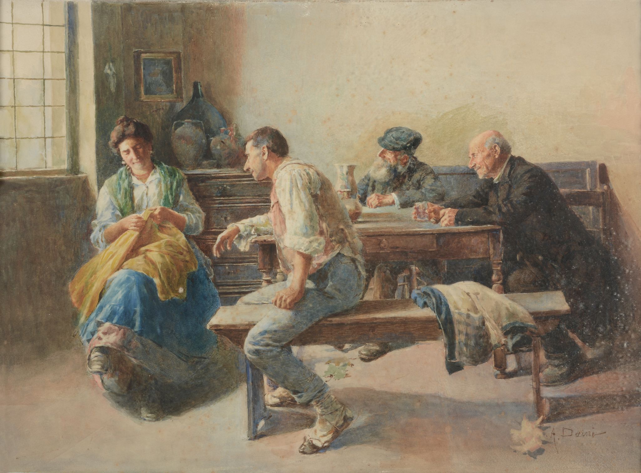 Augusto Daini (1860-1920) - Paying court to the seamstress Watercolour Signed lower right 54 x 74 cm