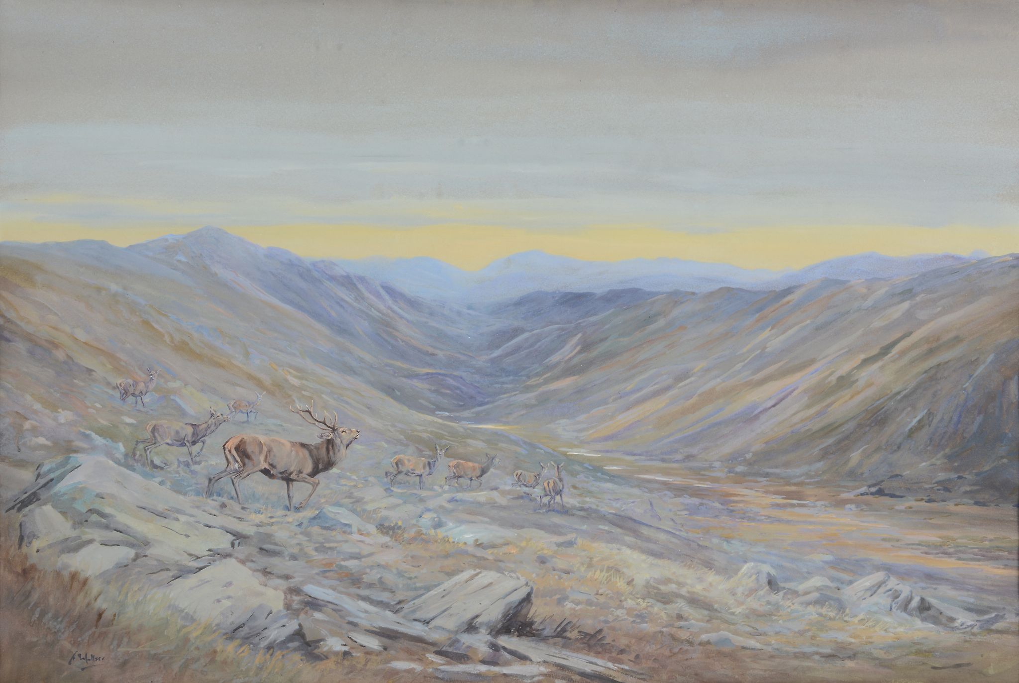 Circle of Vincent R. Balfour Browne - Stags in a Highland landscape Gouache Indistinctly signed