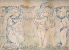 Simeon Solomon (1840-1905) - Cupid and Amorini targeting a kneeling woman, Crayon over pencil Signed
