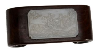 A Hardwood Ink Rest, formed as a scroll-end table set with a rectangular... A Hardwood Ink Rest,