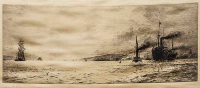 William Lionel Wyllie RA RE (1851-1931) - Tramp Steamer off the Coast, Etching with drypoint on silk
