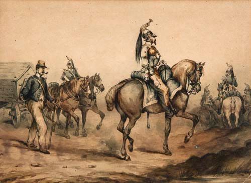 Orlando Norie (1832-1901) - French military regiments on horseback, A pair, watercolours, heightened