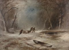 German School (19th century) - Faggot gatherers in a winter woodland Oil on canvas Indistinctly