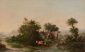 Circle of Alfred H. Vickers - Cattle watering near a cottage in a landscape Oil on canvas 30 x 53 cm