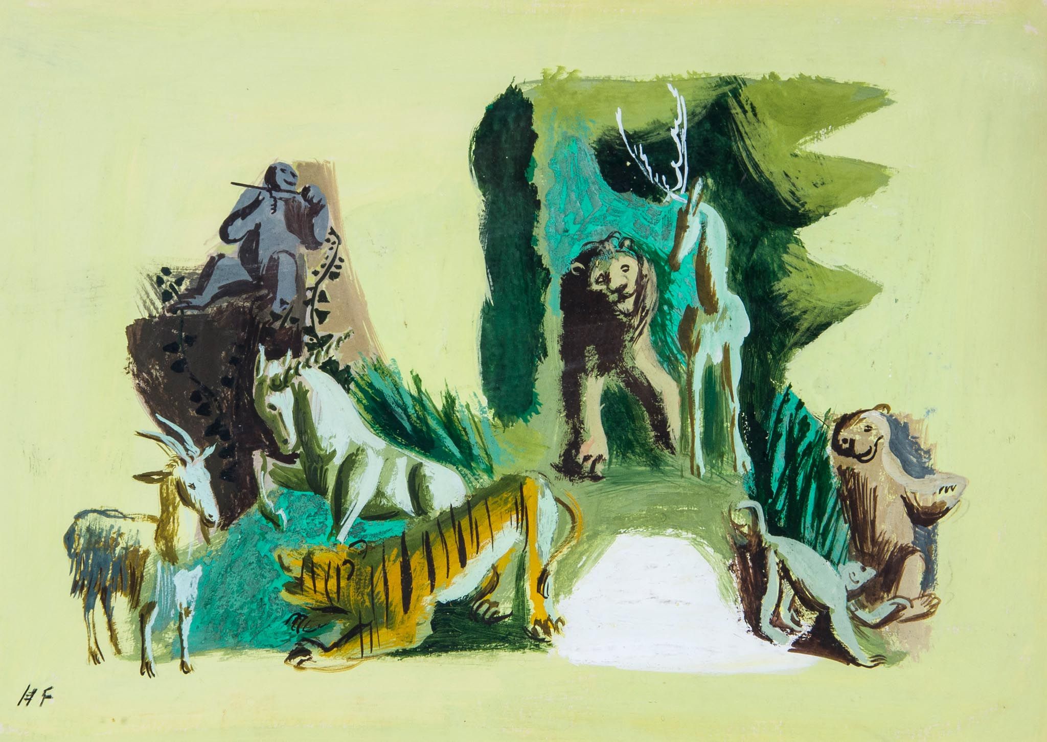 Hans Feibusch (1898-1998) - Tiger, lion, and other animals; Two figures playing the flute, - Image 2 of 2