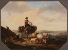Circle of Albertus Verhoesen - Shepherd riding a donkey, with flock of sheep, landscape beyond Oil