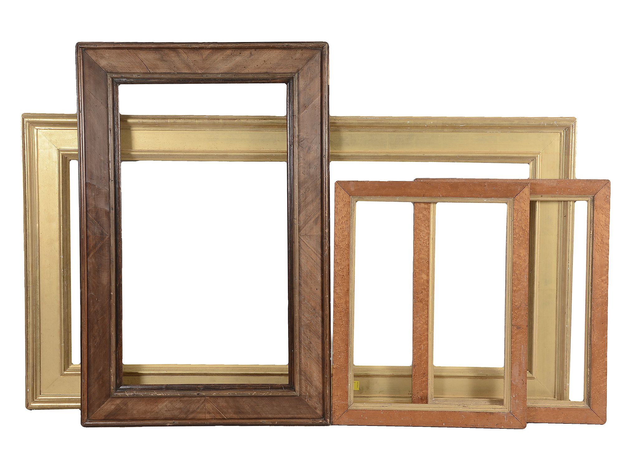 A long water-gilt frame with flat panel, 20th C - Together with a canted and veneered cross-banded