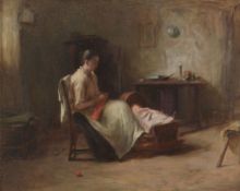 A ** Bell (19th century) - Mother and Infant in an Interior Oil on canvas Indistinctly signed and