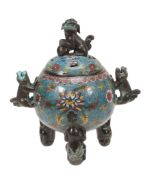 A cloisonne` censer of globular form decorated with lotus designs amid... A cloisonne` censer of