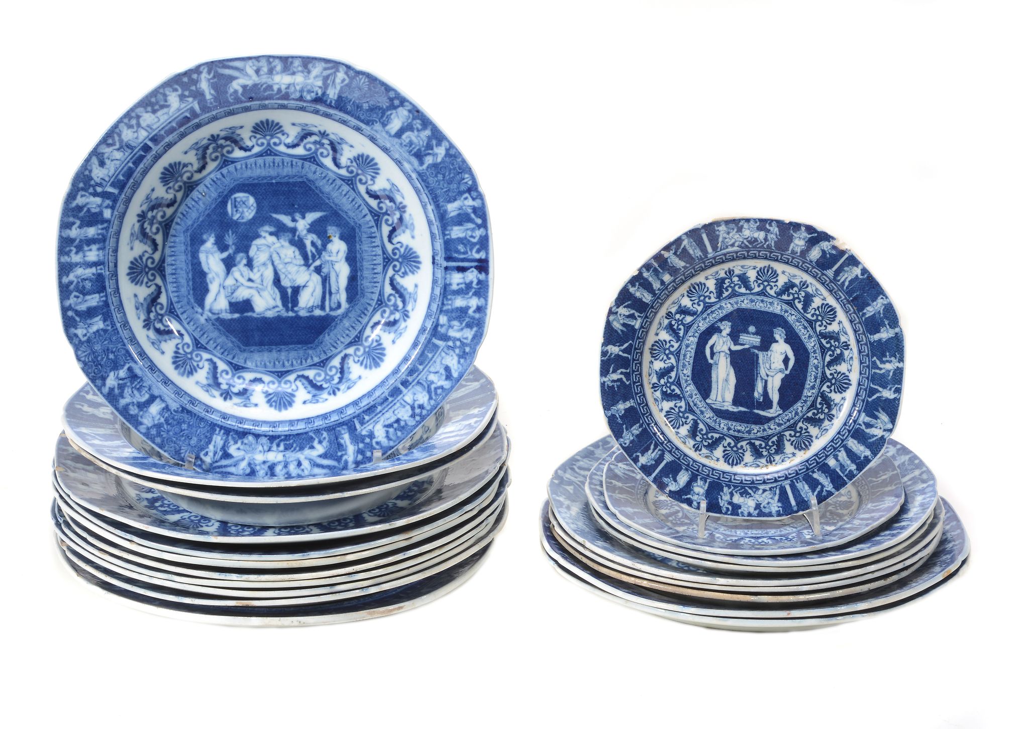 An assortment of English pearlware blue and white plates printed with a... An assortment of