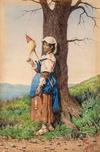 Filippo Indoni (1842-1908) - Italian peasant girl spinning wool Watercolour over pencil Signed lower