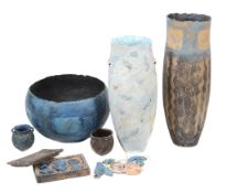 Nancy Angus , two coiled ceramic vases, 44cm and 37cm high; a bowl, 19cm high Nancy Angus (b. 1958),