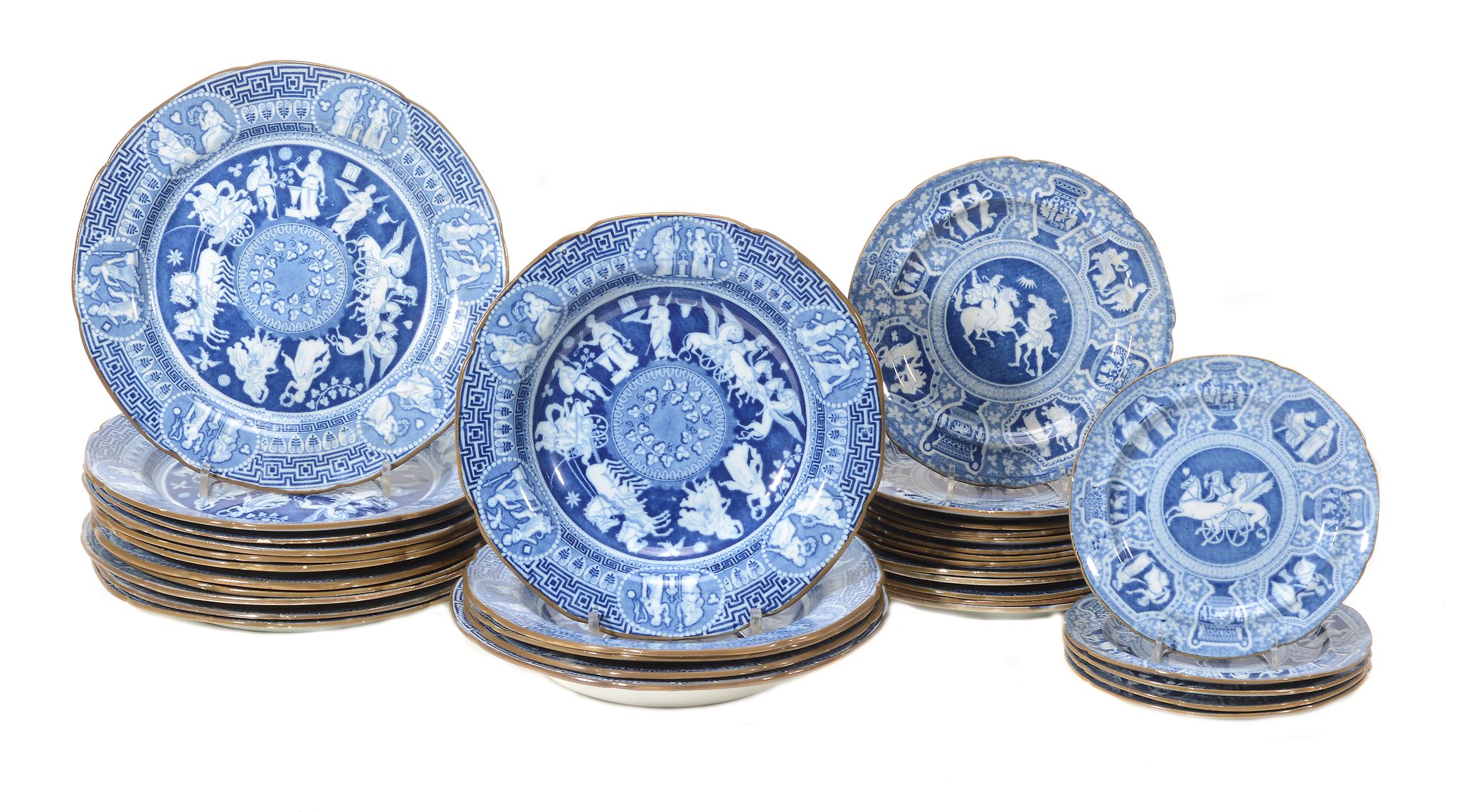 An assortment of English pearlware blue and white printed `Greek An assortment of English