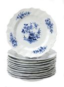 Twelve Tournai blue and white plates, late 19th century, ozier-moulded borders Twelve Tournai blue