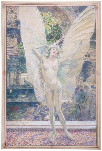 Sigmund Walter Hampel (1868-1949) - Nude fairy, Watercolour, bodycolour, heightened with white, over