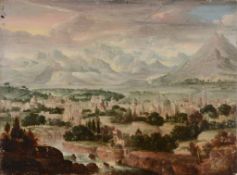 Follower of Henri Met de Bles - A town in a river landscape Oil on panel 32 x 44 cm (12 1/2 x 17 1/4