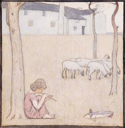 Frederick Cayley Robinson ARA, RWS (1862-1927) - Young Shepherdess playing her pipe seated under a