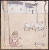 Frederick Cayley Robinson ARA, RWS (1862-1927) - Young Shepherdess playing her pipe seated under a