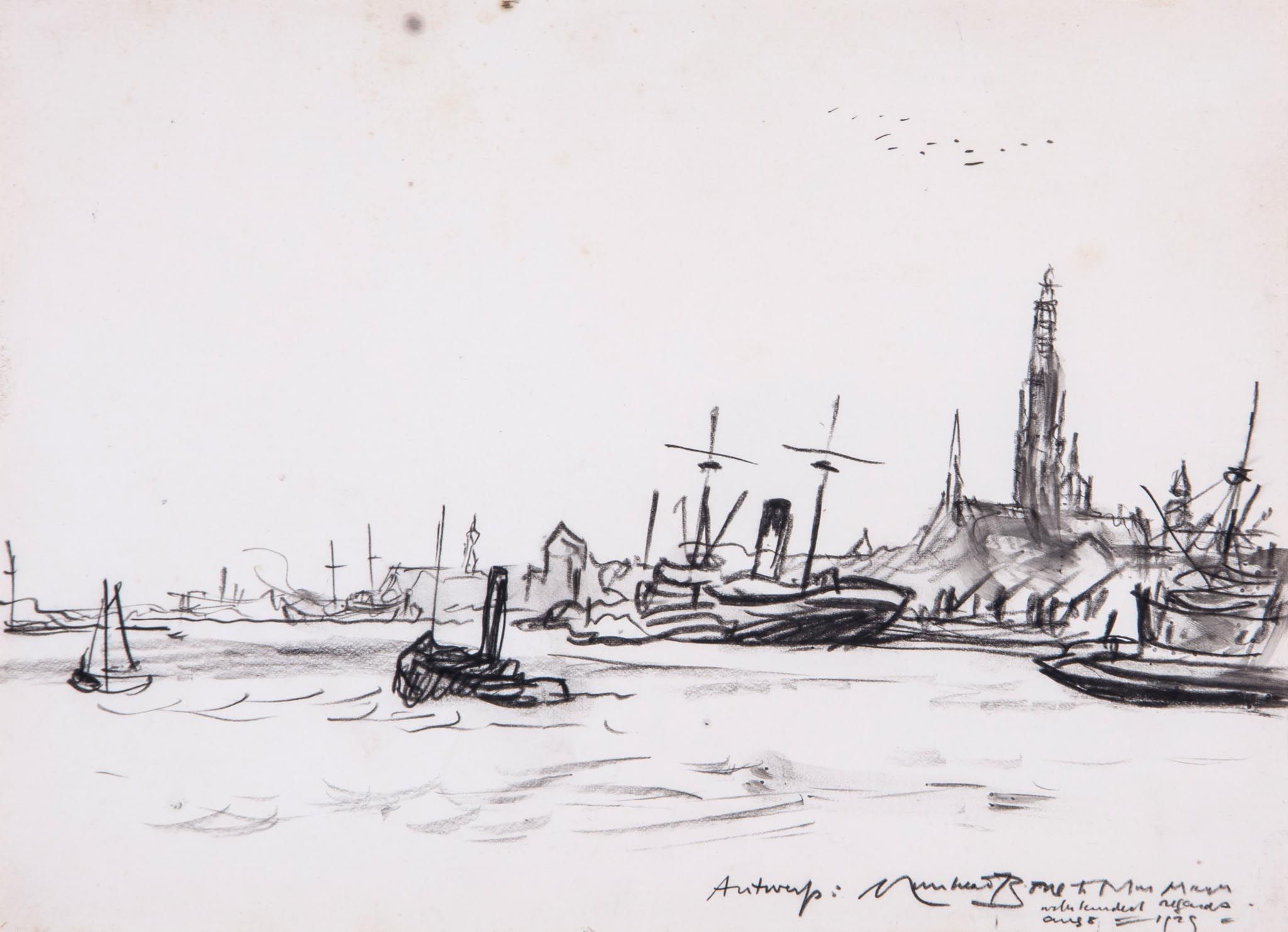 Sir Muirhead Bone (1876-1953) - Antwerp, Charcoal Titled, signed and dedicated to Mrs Mayer with