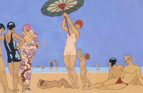 After George Barbier - Au Lido; L`Arc en Ciel, A pair, gouaches with pen and ink After the pochoir